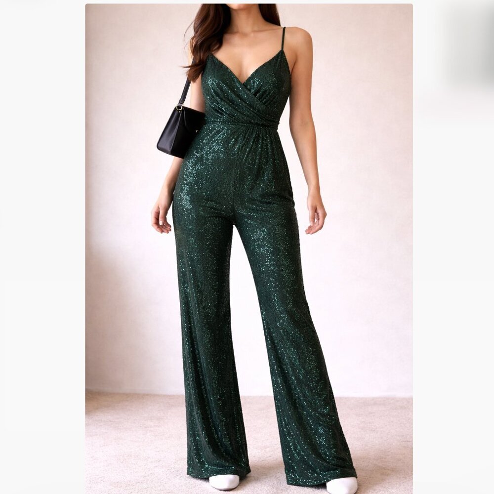 Cider Green Sequin Jumpsuit Size M Wide Leg Party Formal Glam
